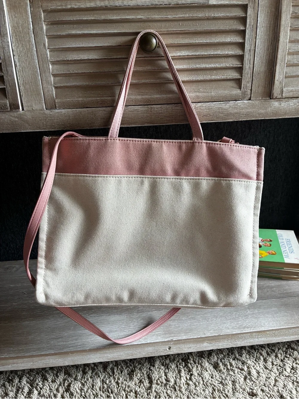 LC Lauren Conrad Mama Cream Canvas Tote with Faux Leather Straps and Pink Accent